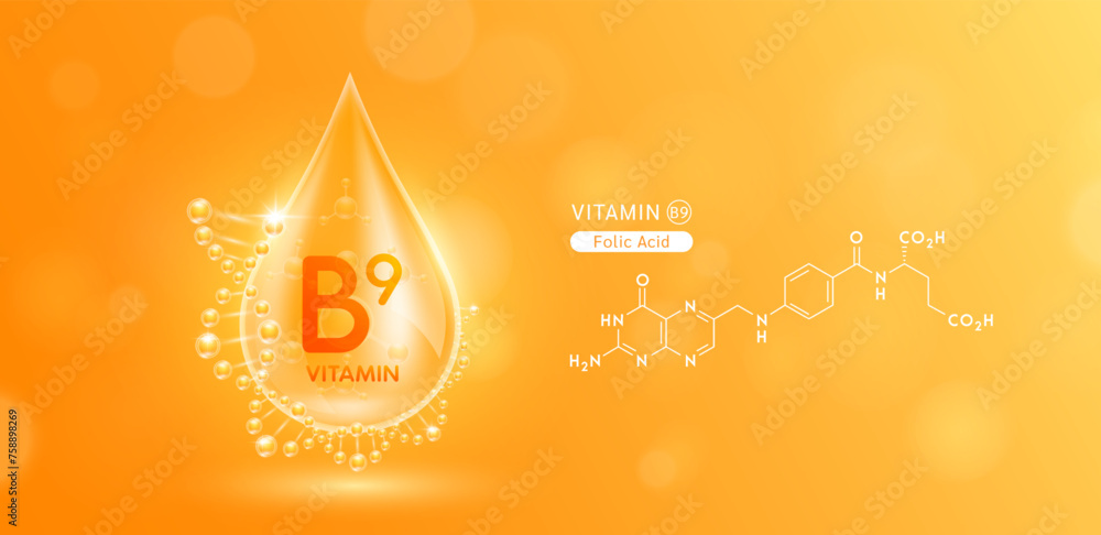 Sticker drop water serum solution vitamin b9 or folic acid surrounded by dna and chemical structure. vitamin