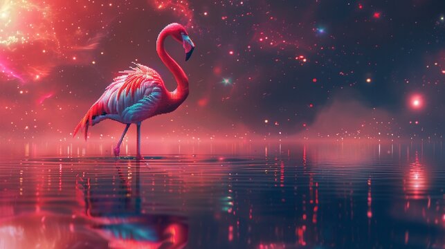 Generate a stock image of a vibrant, floating pixel art flamingo in a celestial sky, Through the Glass