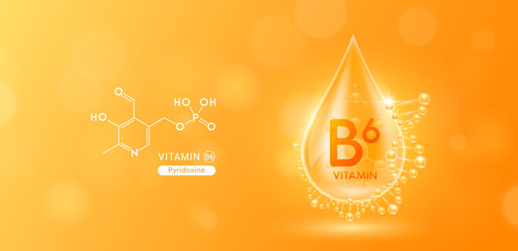 Drop water serum solution vitamin B6 or Pyridoxine surrounded by DNA and chemical structure. Vitamins complex with molecule atom from nature orange. Nutrition skin care cosmetics banner. Vector.