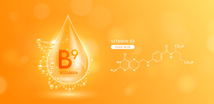 Drop water serum solution vitamin B9 or Folic Acid surrounded by DNA and chemical structure. Vitamins complex with molecule atom from nature orange. Nutrition skin care cosmetics banner. Vector.