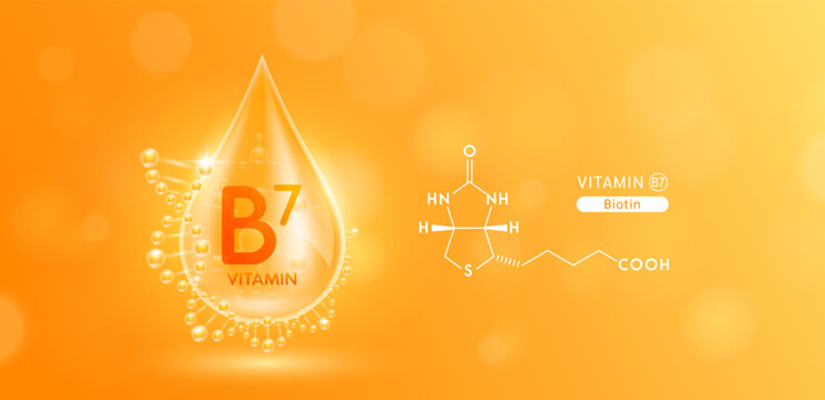 Drop water serum solution vitamin B7 or Biotin surrounded by DNA and chemical structure. Vitamins complex with molecule atom from nature orange. Nutrition skin care cosmetics banner. Vector.