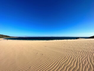 high sandy dune landscape near Valdevaquero with a view towards the Atlantic Ocean, Tarifa, Cadiz,...