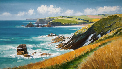 An acrylic painting in panoramic style portrays a scenic Cornish seascape. With sweeping brushstrokes, it captures the essence of the coastal landscape, evoking the serene beauty of Cornwall's shores
