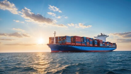 Fully loaded container ship sailing in vibrant, bright blue ocean with clear sky on horizon, banner, copy text