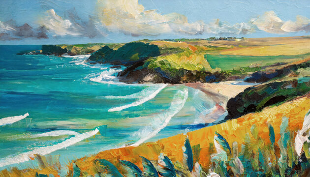 An acrylic painting in panoramic style portrays a scenic Cornish seascape. With sweeping brushstrokes, it captures the essence of the coastal landscape, evoking the serene beauty of Cornwall's shores