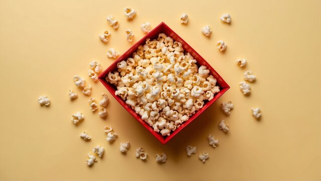 Popcorn spilling from red striped box on light yellow background with space for text, snack concept. top view