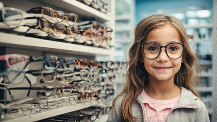 Glad child girl in glasses in optics salon - obrazy, fototapety, plakaty
