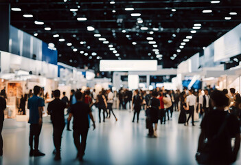Exhibition event hall blur background of trade show business world or international expo showcase tech fair with blurry exhibitor tradeshow booth displaying product with people crowd stock  - obrazy, fototapety, plakaty