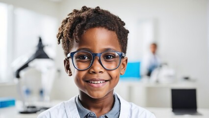 Portrait happy little boy patient ophthalmology clinic, vision test in progress cheerful child trying on trial frames during an optometric examination for accurate eyeglass fitting - obrazy, fototapety, plakaty