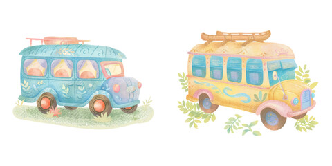  cute bus watercolour vector illustration