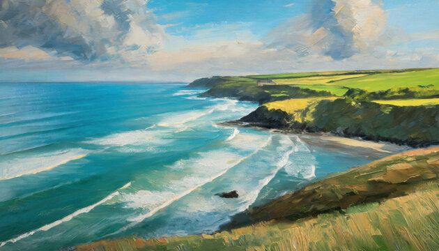 An acrylic painting in panoramic style portrays a scenic Cornish seascape. With sweeping brushstrokes, it captures the essence of the coastal landscape, evoking the serene beauty of Cornwall's shores