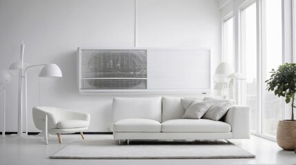 Modern living room with sofa and white air conditioning, ensuring a comfortable atmosphere.