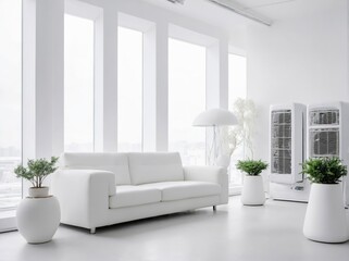 Modern living room with white air conditioning, ensuring a comfortable atmosphere.