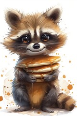 cute little raccoon smiles and holding a stack of pancakes, white background, clip art