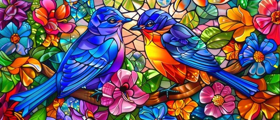 Vibrant Stained Glass. Two Birds Amidst Colorful Flowers, Radiating Vibrant Hues.