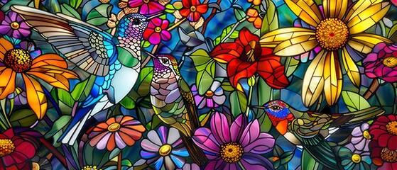 Vibrant Stained Glass. Two Birds Amidst Colorful Flowers, Radiating Vibrant Hues.