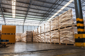 Boxes on shelves in manufacturing distribution warehouse ready to delivery oversea