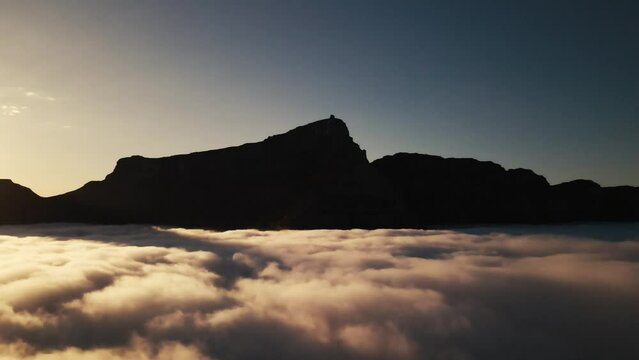 View of dramatic low cloud over Lions Head Mountain, Cape Town, South Africa.