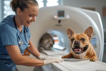woman veterinarian trying to scan a smiling dog on the CT scanner, veterinary clinic, copy space for text. Vet CT scan for pet. Concept veterinary and animal care. World Veterinary Day - obrazy, fototapety, plakaty