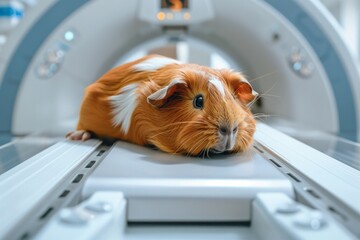 guinea pig lying in an MRI scanner in veterinary clinic, copy space for text. Vet CT scan for pet. Concept veterinary and animal care.  - obrazy, fototapety, plakaty