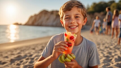 Happy boy eating fruit ice cream on the beach