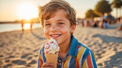 Funny happy boy eating ice cream on the beach
