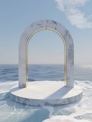 Empty product podium with gold arch, elegant curve, minimal style, set against a serene ocean landscape