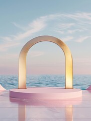 Obraz na płótnie Canvas Empty product podium with gold arch, elegant curve, minimal style, set against a serene ocean landscape