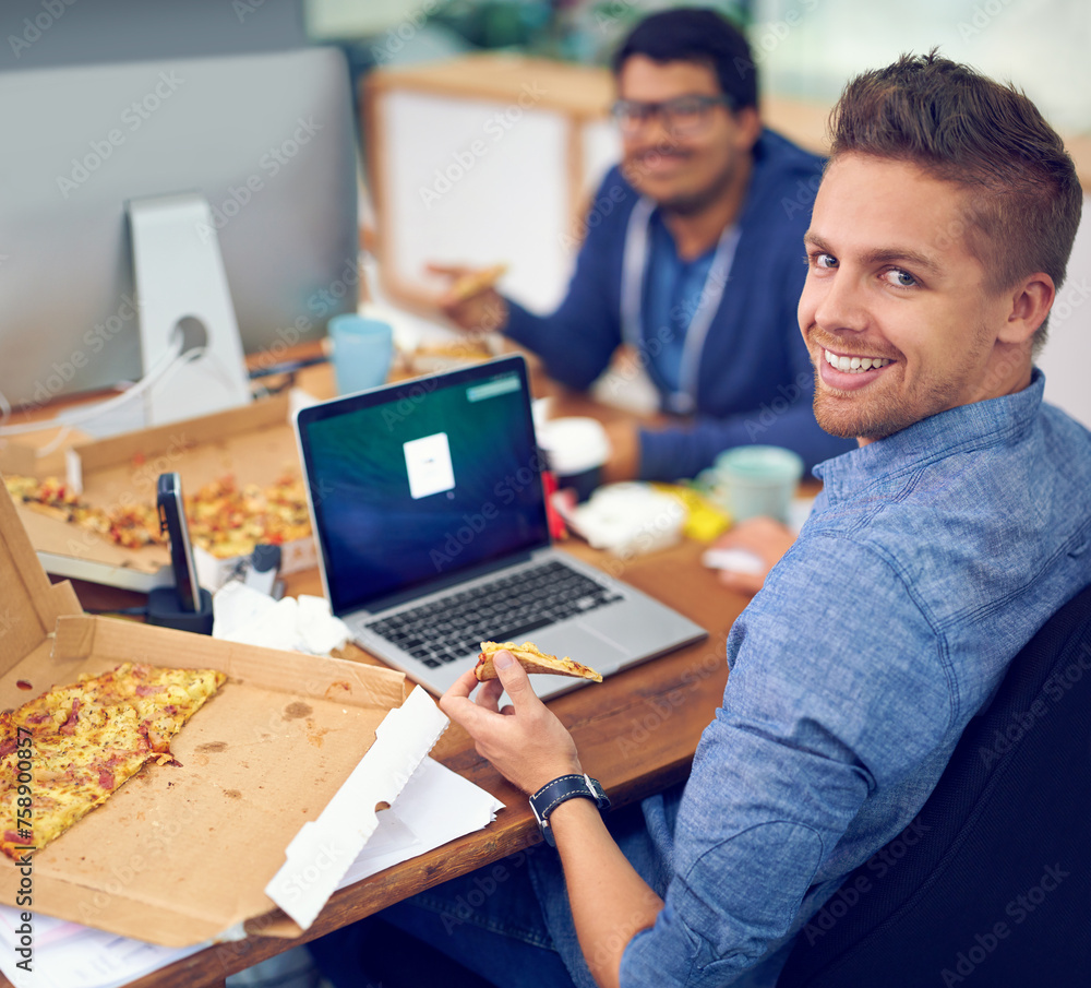 Poster businessman, portrait and eating by laptop in office with happiness for lunch break, pizza and cowor