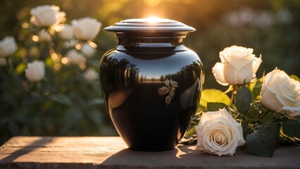 Elegant black urn containing ashes with flowers, a solemn memento of a life remembered. 