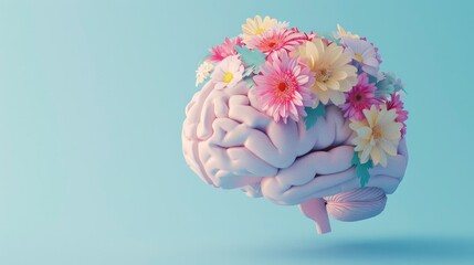 Human brain with flowers isolated on blue background