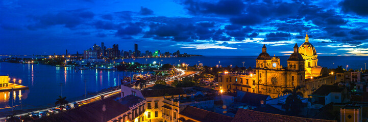 Panoramic night view of the Historic Center of Cartagena Colombia