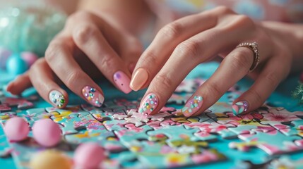 Female hands with pastel nail art assembling an Easter-themed puzzle.