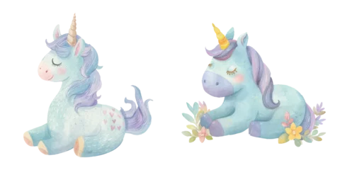 Deurstickers Draak cute unicorn watercolour vectopr illustration
