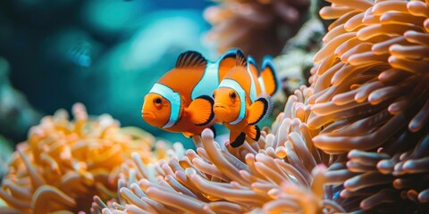 Naklejka na ściany i meble Clown fish swim along the anemones on the reef of the sea