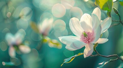 Cheerful Magnolia Blossoms. White and Purple Flowers Amidst Lush Green Leaves, Bokeh Background