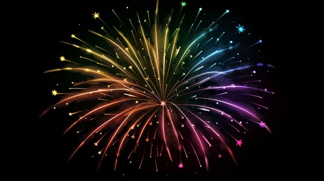 Festive fireworks display on a black background with a spectrum of rainbow colors.