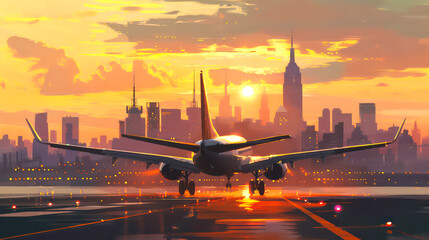 a large jetliner taking off from an airport runway against the backdrop of a stunning and blurred cityscape at sunset. - obrazy, fototapety, plakaty