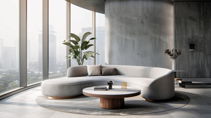 Minimalist modern living room designed by generative AI, featuring a curved gray sofa and armchair set by a floor-to-ceiling window