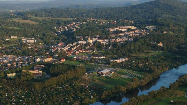 Beautiful Landscape Downtown River Mountains Lesko Aerial View Poland