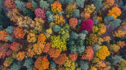 Fototapeta na wymiar Aerial view of a lush forest in autumn with vibrant fall colors.