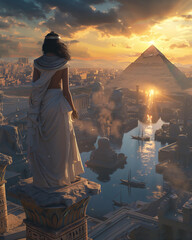 A serene white priestess stands overlooking an ancient Egyptian cityscape at sunset. The majestic...