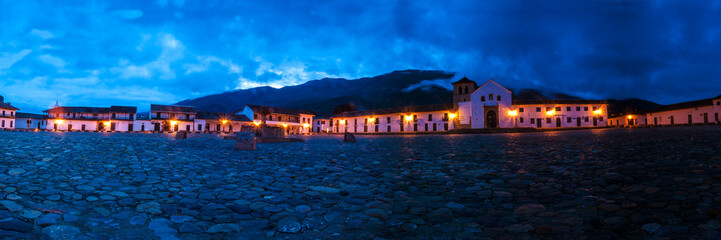 Panoramic at dawn of the Central Plaza of Villa de Leyva Boyaca Colombia