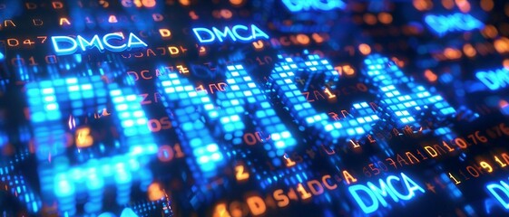 blue matrix binary code forms the acronym DMCA , symbolizing the concept of Digital Millennium Copyright Act. - obrazy, fototapety, plakaty