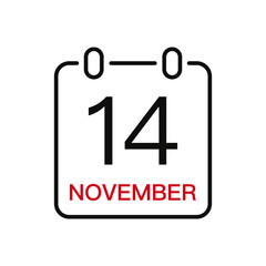 November 14 date on the calendar, vector line stroke icon for user interface. Calendar with date, vector illustration.