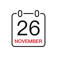 November 26 date on the calendar, vector line stroke icon for user interface. Calendar with date, vector illustration.