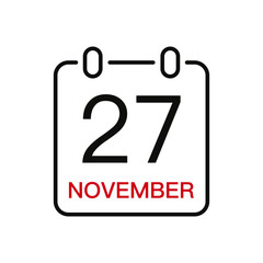 November 27 date on the calendar, vector line stroke icon for user interface. Calendar with date, vector illustration.