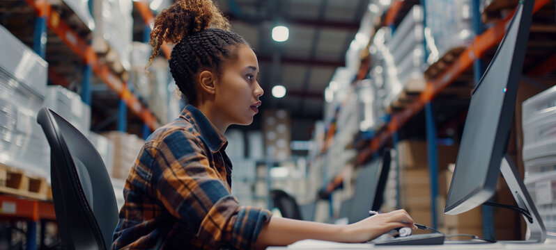 Técnica profissional feminina com computador no espaço de trabalho do armazém