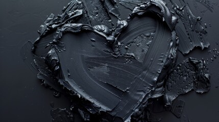 Detoxifying white skincare charcoal mask in a heart shape on a deep black background