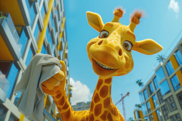 Obraz premium A giraffe is holding a towel and smiling. The giraffe is in a city with tall buildings in the background